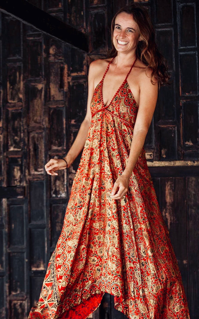 Fiesta Red and Gold Bali Batik Dress Indulge by Clairey